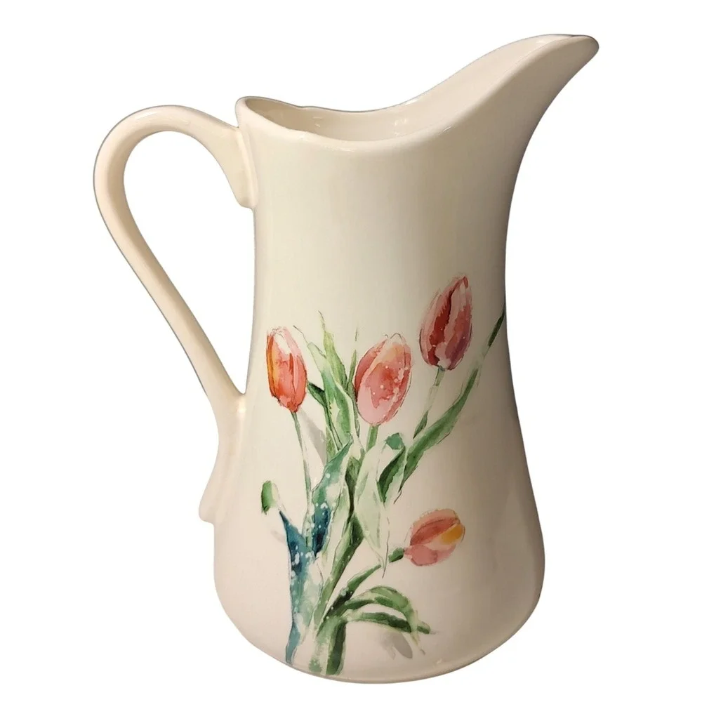 Pier 1 Imports Pitcher Retired Spring Floral Tulips Pink‎ Ironstone Water 9.5 in